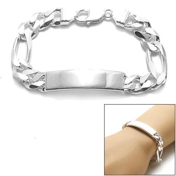 HANDSOME 11MM (300 GAUGE) STERLING SILVER FIGARO CHAIN ID BRACELET - Picture 1 of 3